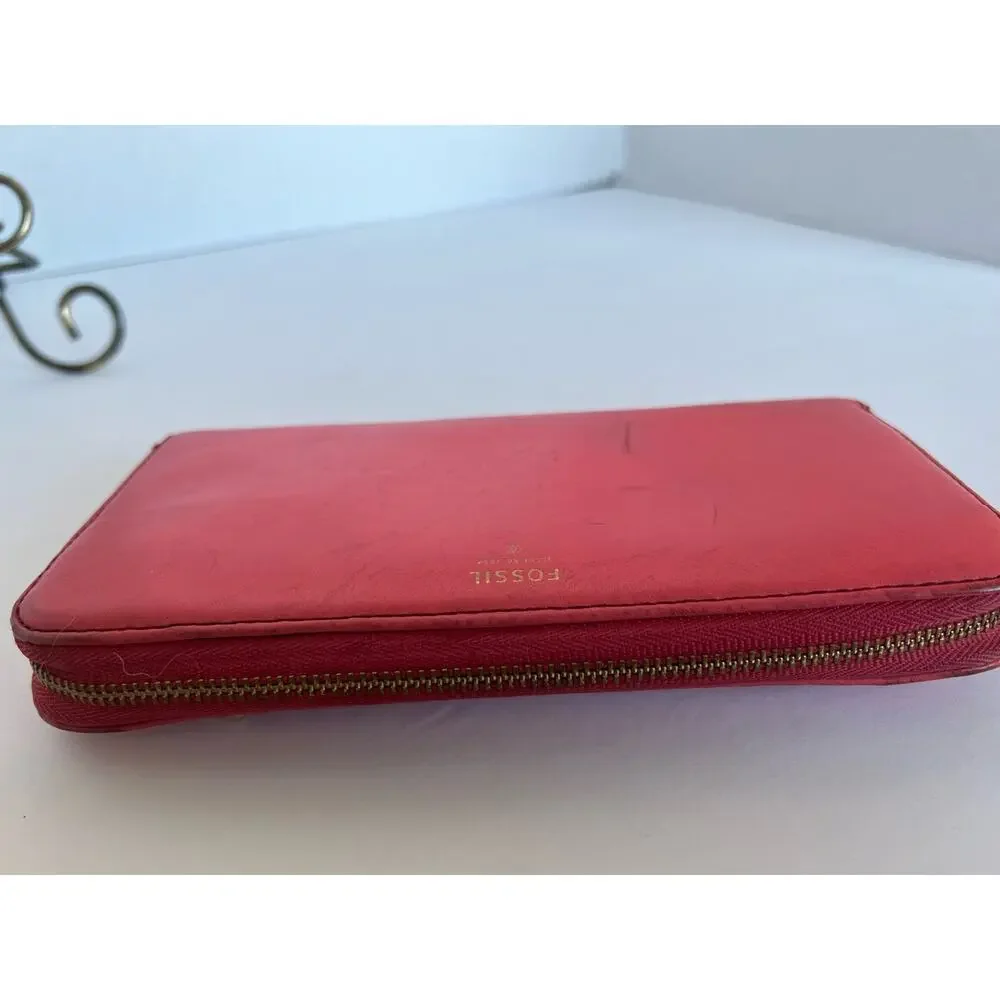 Fossil Wristlet Wallet Women‎ OS Coral Leather Zip Around Clutch